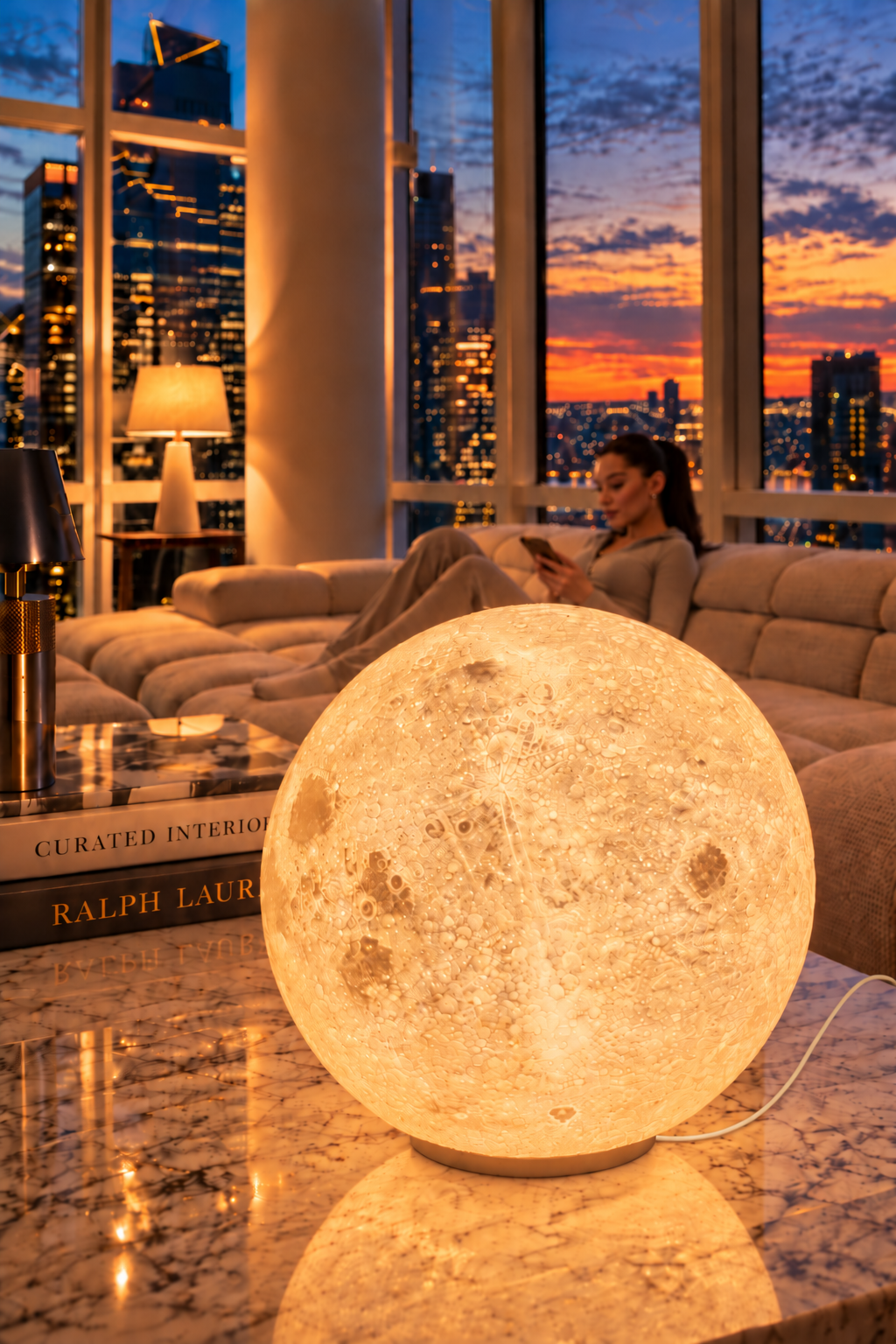 Gün batımı manzaralı salonda, mermer sehpa üzerinde yanan Luna Plain lambası.